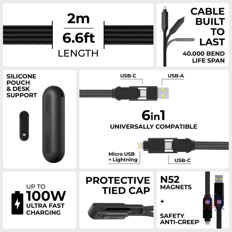 inCharge® XL 2m / 6.6ft - 100W, 6in1 super long cable