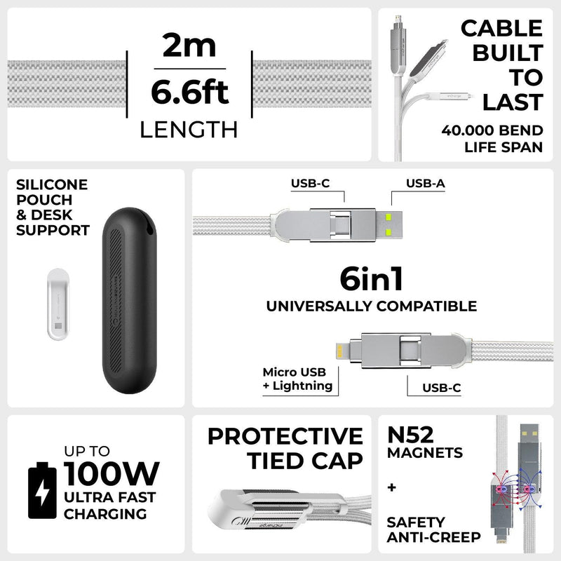 inCharge® XL 2m / 6.6ft - 100W, 6in1 super long cable